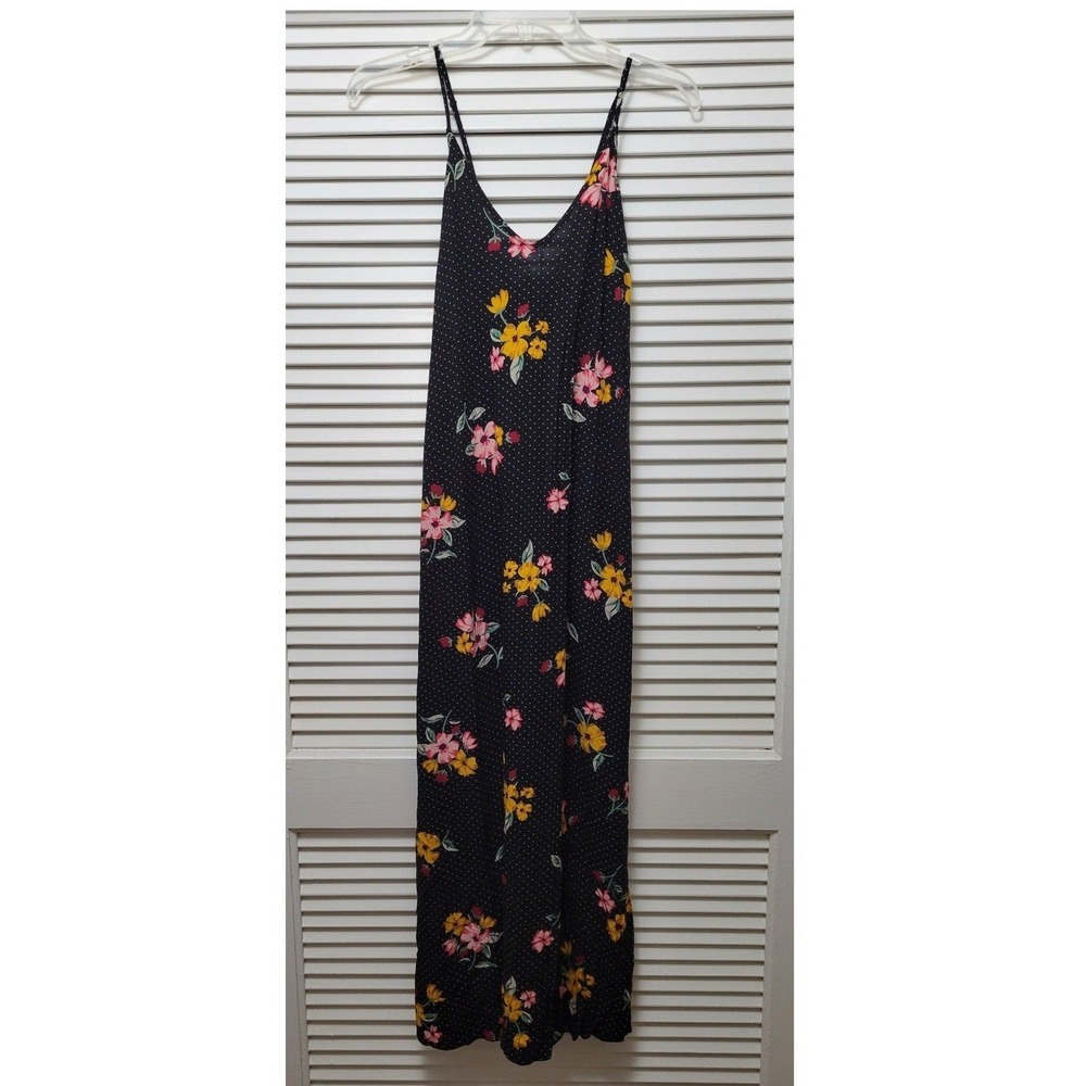 Floral summer Maxi Polka Dot Dress Womens Large Black Rayon Spaghetti Strap